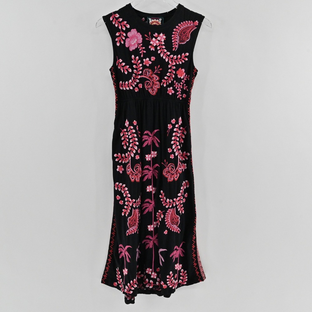 Johnny Was Cassia Embroidered Midi Dress Womens Size XS Black Floral Palm Cotton